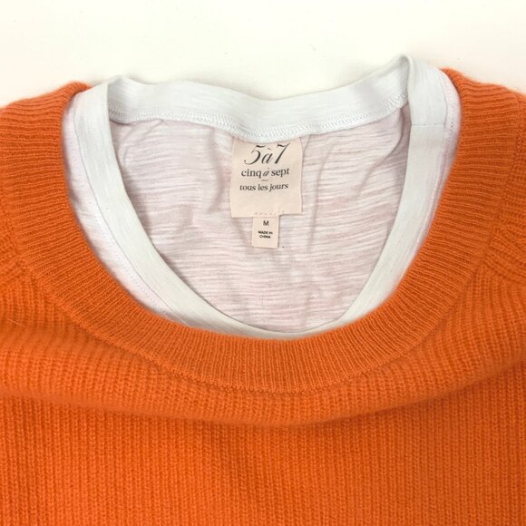 Cinq à Sept Orange 100% Cashmere White T-Shirt Layered Knit Sweater Sz M - Picture 11 of 16